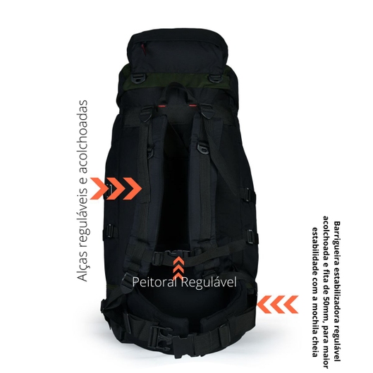 MOCHILA MONTANHA 75 TRILHAS E RUMOS PRETO C/ FITA CINZA